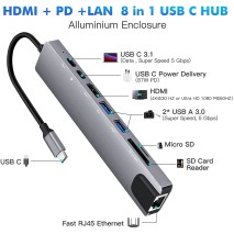 USB C Hub 8 In 1 Type C 3.1 To 4K HDMI Adapter with RJ45 SD/TF Card Reader PD Fast Charge Thunderbolt 3 USB Dock for MacBook Pro